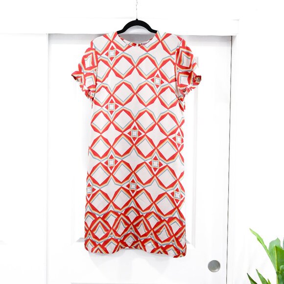 La DoubleJ Large Silk Mini 100% Silk Swing Dress in Red Abstract Geometric Print - Picture 1 of 11